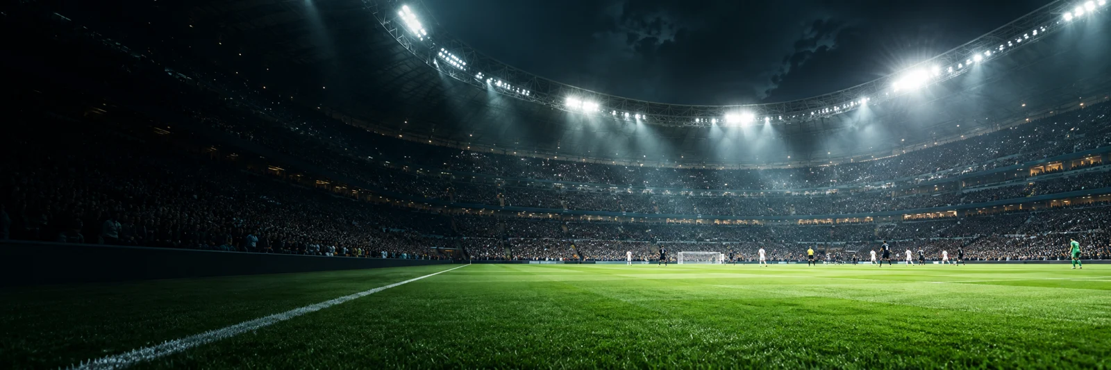 Estádio sob os refletores, com o campo de futebol em primeiro plano